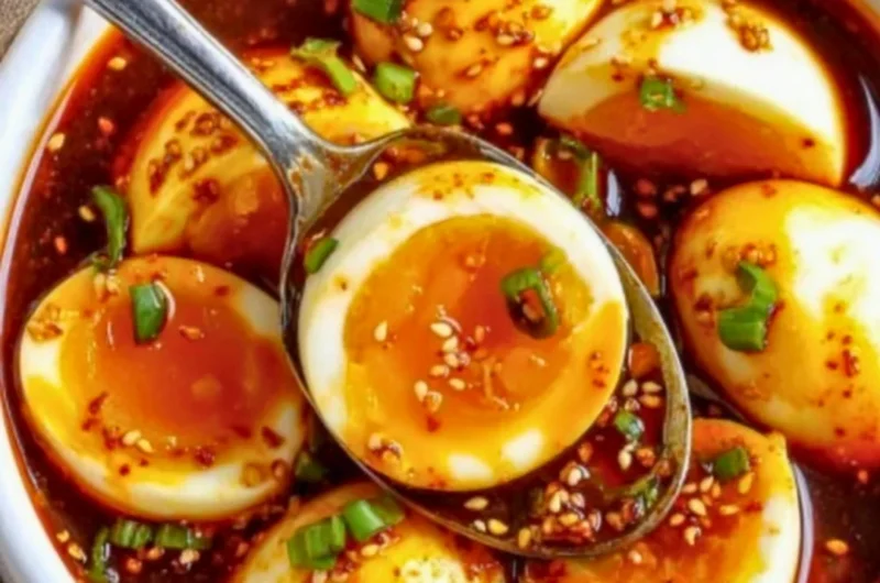 Spicy Gochujang Eggs served on a plate with fresh herbs