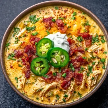 Creamy spicy jalapeno popper chicken soup served in a bowl with garnishes.
