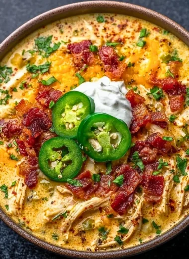 Creamy spicy jalapeno popper chicken soup served in a bowl with garnishes.
