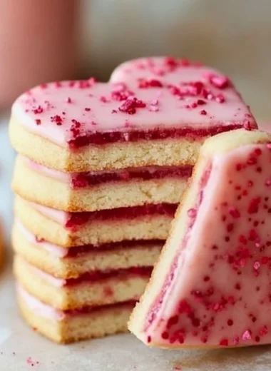 Freshly baked strawberry shortbread cookies on a plate