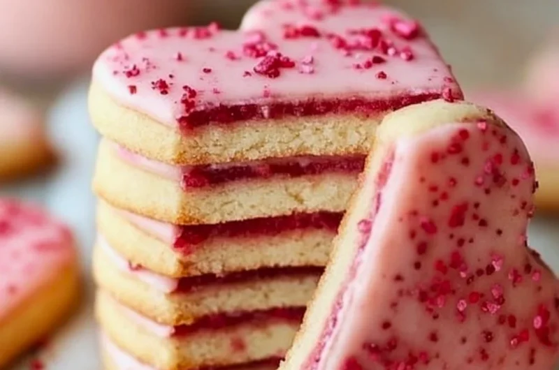 Freshly baked strawberry shortbread cookies on a plate