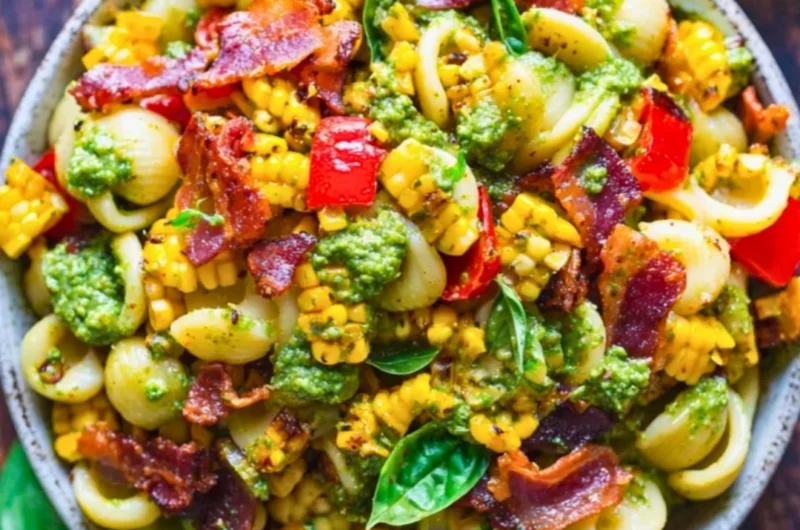 Summer pasta salad with corn, bell pepper, bacon, and creamy pesto dressing