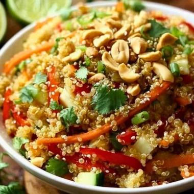 Colorful Thai Quinoa Salad with fresh vegetables and crunchy toppings