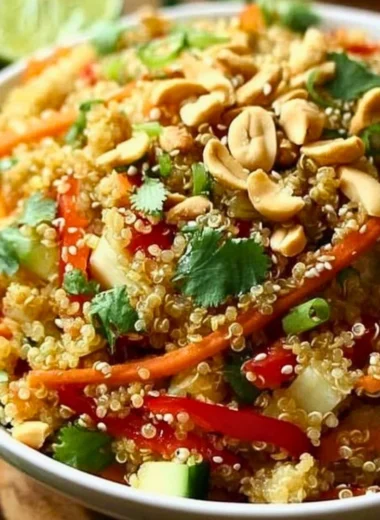 Colorful Thai Quinoa Salad with fresh vegetables and crunchy toppings