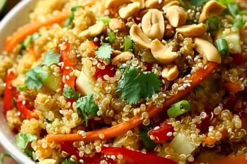 Colorful Thai Quinoa Salad with fresh vegetables and crunchy toppings