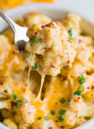 Delicious cauliflower mac and cheese topped with breadcrumbs and cheese