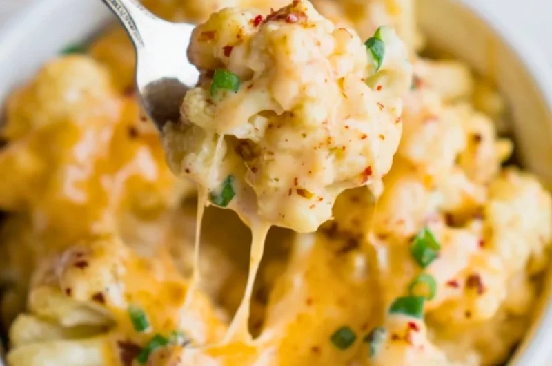 Delicious cauliflower mac and cheese topped with breadcrumbs and cheese