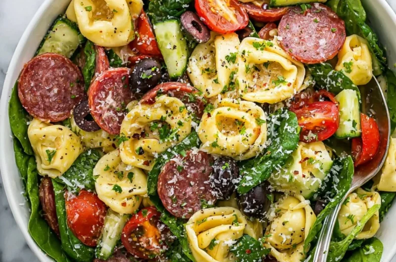 Colorful tortellini pasta salad with fresh vegetables and herbs