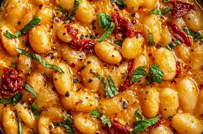 Tuscan Marry Me Butter Beans dish garnished with herbs and spices.