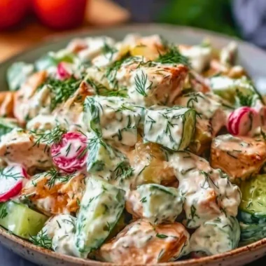 A vibrant bowl of Tzatziki Chicken Salad with fresh ingredients and creamy dressing.