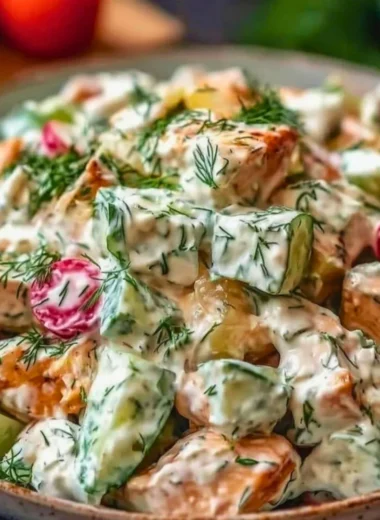 A vibrant bowl of Tzatziki Chicken Salad with fresh ingredients and creamy dressing.