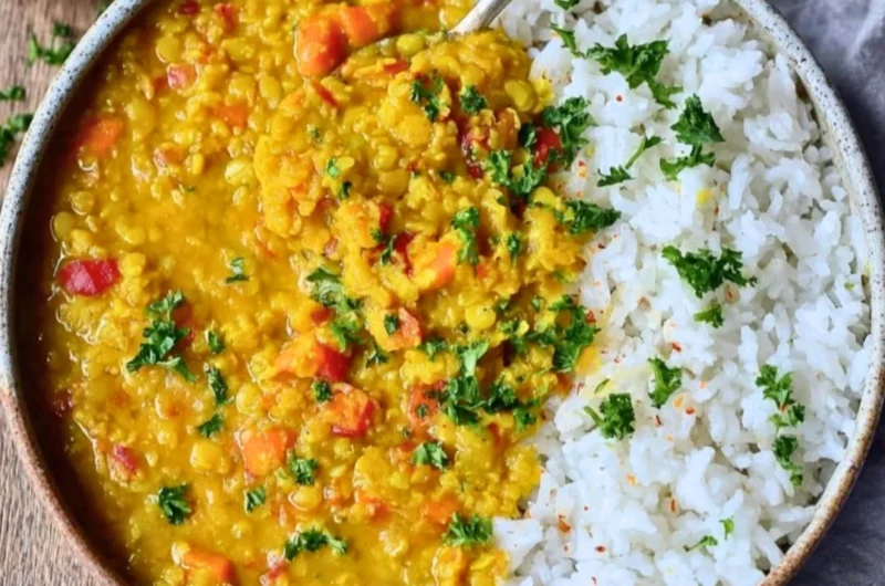 Bowl of vegan red lentil dahl with spices and herbs