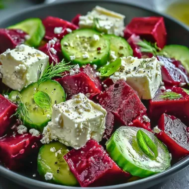 Vibrant beet salad with feta cheese and cucumbers in a colorful bowl.
