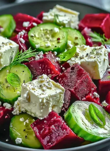 Vibrant beet salad with feta cheese and cucumbers in a colorful bowl.