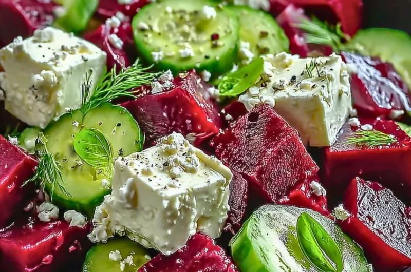 Vibrant beet salad with feta cheese and cucumbers in a colorful bowl.