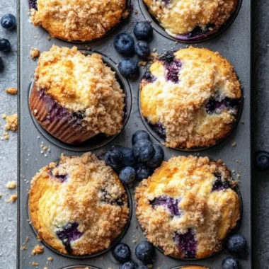 Freshly baked blueberry muffins with a golden brown top and juicy blueberries