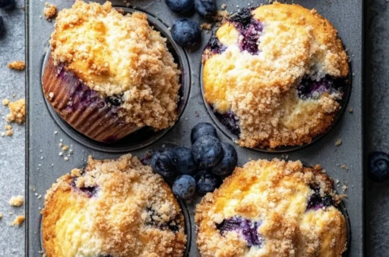 Freshly baked blueberry muffins with a golden brown top and juicy blueberries