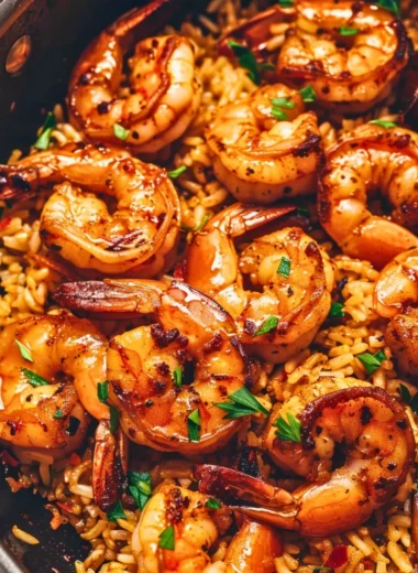 Cajun shrimp and rice skillet with vibrant vegetables in a pan