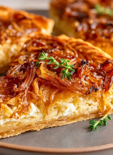 Savory caramelized onion and goat cheese tarts on a plate