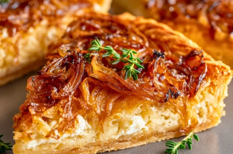 Savory caramelized onion and goat cheese tarts on a plate