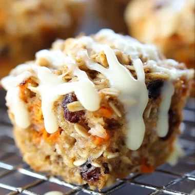 Carrot cake baked oatmeal cups with oats, nuts, and spices on a wooden table.