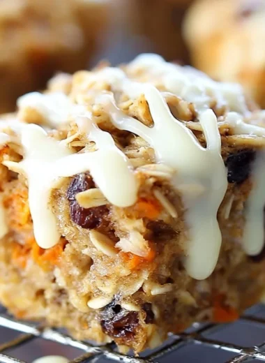 Carrot cake baked oatmeal cups with oats, nuts, and spices on a wooden table.