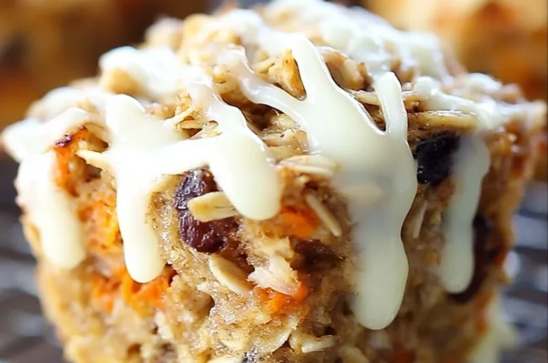 Carrot cake baked oatmeal cups with oats, nuts, and spices on a wooden table.