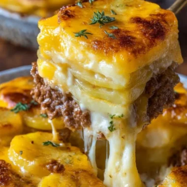 Cheesy hamburger potato casserole in a baking dish garnished with herbs.