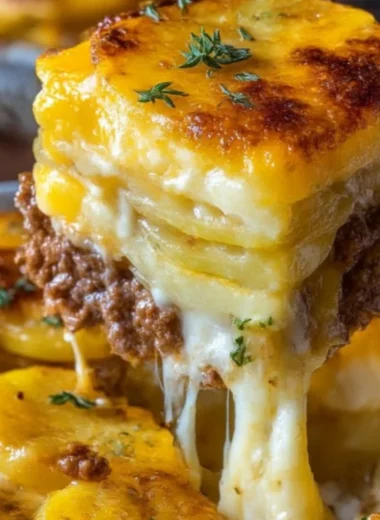 Cheesy hamburger potato casserole in a baking dish garnished with herbs.