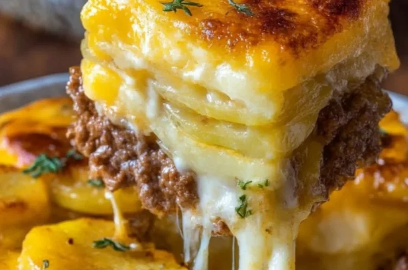 Cheesy hamburger potato casserole in a baking dish garnished with herbs.