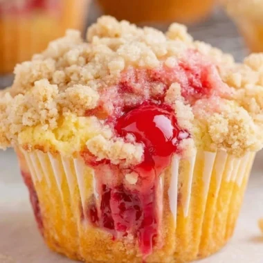Freshly baked cherry cobbler muffins topped with cherries and a sprinkle of sugar