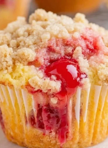 Freshly baked cherry cobbler muffins topped with cherries and a sprinkle of sugar