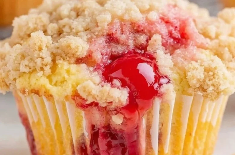 Freshly baked cherry cobbler muffins topped with cherries and a sprinkle of sugar