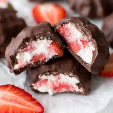 Chocolate Strawberry Yogurt Clusters drizzled with chocolate and topped with fresh strawberries.
