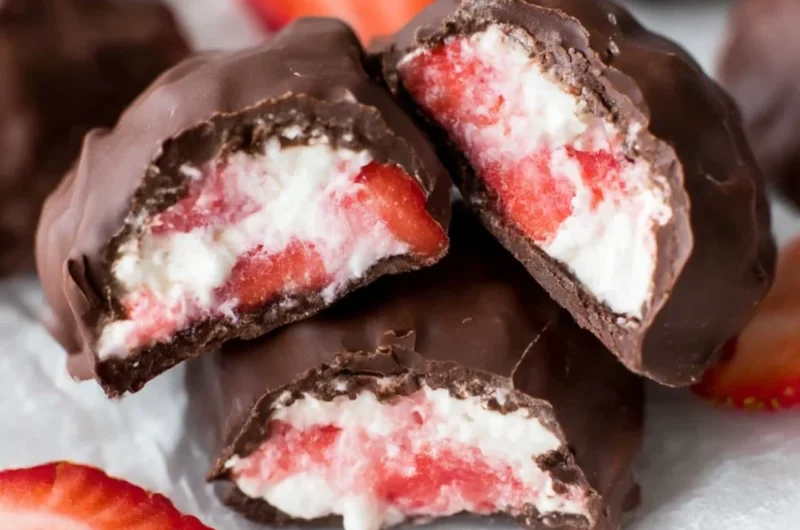 Chocolate Strawberry Yogurt Clusters drizzled with chocolate and topped with fresh strawberries.