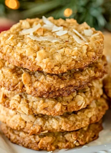 Delicious homemade Coconut Oatmeal Cookies on a wooden plate