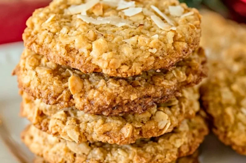 Delicious homemade Coconut Oatmeal Cookies on a wooden plate