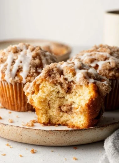 Delicious coffee cake muffins topped with streusel and cinnamon