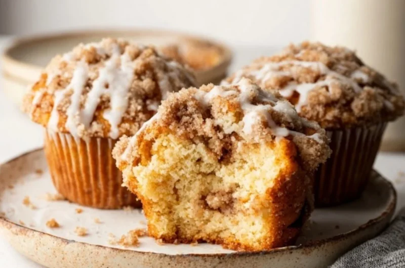 Delicious coffee cake muffins topped with streusel and cinnamon