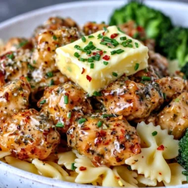 Delicious Cowboy Butter Lemon Bowtie Chicken served with broccoli