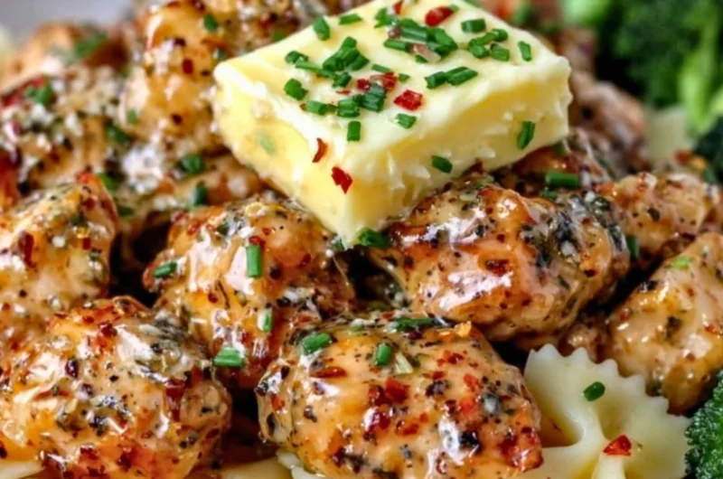 Delicious Cowboy Butter Lemon Bowtie Chicken served with broccoli