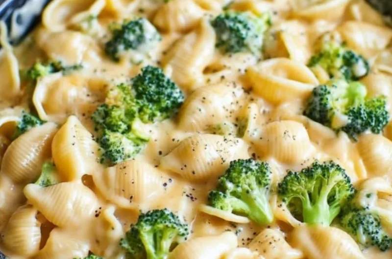 Creamy broccoli mac and cheese in a bowl with fresh broccoli florets