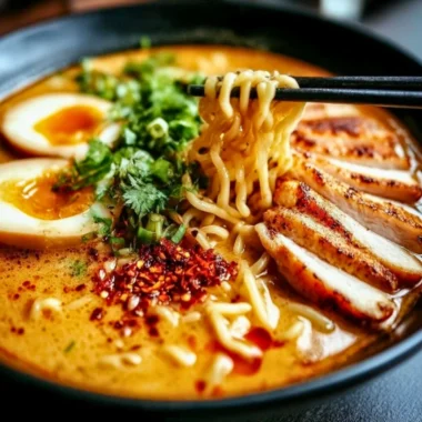 Bowl of creamy Garlic Chicken Ramen garnished with green onions and herbs