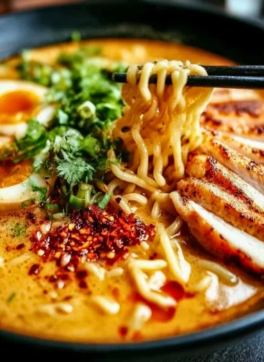 Bowl of creamy Garlic Chicken Ramen garnished with green onions and herbs