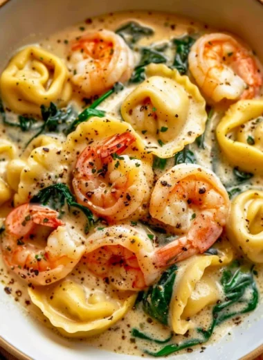 Creamy shrimp and spinach tortellini dish garnished with herbs