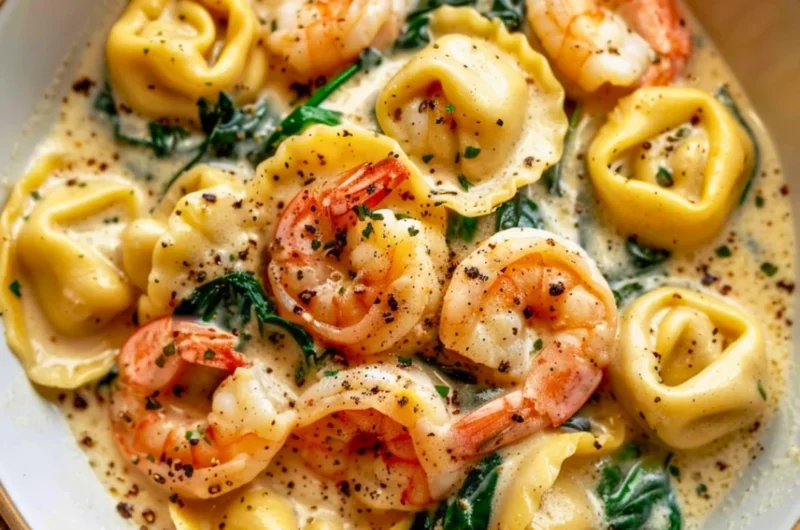 Creamy shrimp and spinach tortellini dish garnished with herbs