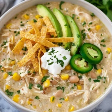 Bowl of creamy white chicken chili garnished with cilantro and lime.