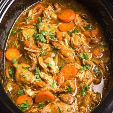 Crockpot chicken thigh pot roast served with vegetables and herbs