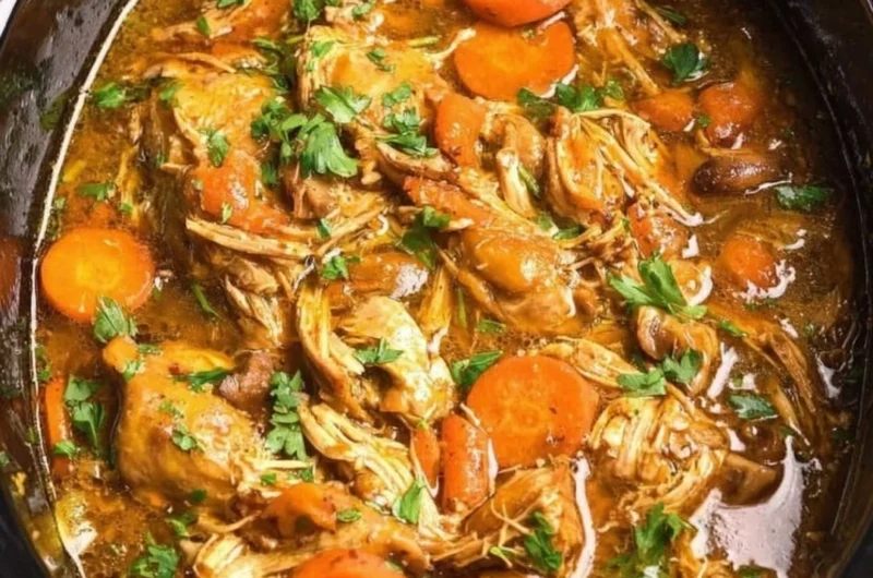 Crockpot chicken thigh pot roast served with vegetables and herbs