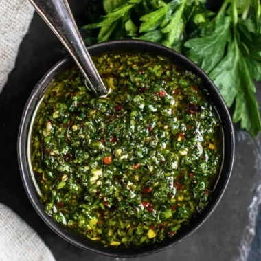 Easy chimichurri sauce recipe with fresh herbs and garlic.